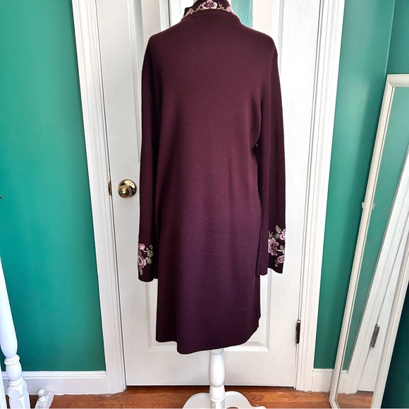 Long Maroon Wool Blend Cardigan with Embroidered Flowers at trim Small - Picture 8 of 11